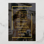 ミニマルなブラック金ゴールドシックでエレガントな結婚式の写真 箔招待状 (正面)