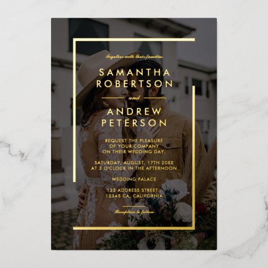 ミニマルなブラック金ゴールドシックでエレガントな結婚式の写真 箔招待状 (正面)