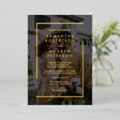 ミニマルなブラック金ゴールドシックでエレガントな結婚式の写真 箔招待状 (立ち正面)
