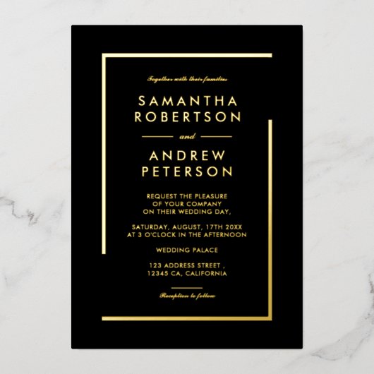 ミニマルなブラック金ゴールドシックなエレガントな結婚式 箔招待状 (正面)