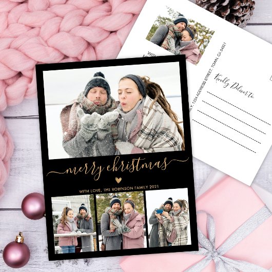 ミニマルなブラック金ゴールド4フォトコラージクリスマス ポストカード