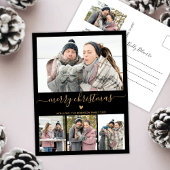 ミニマルなブラック金ゴールド4フォトコラージクリスマス ポストカード