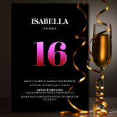 ミニマルなブラック&ピンク16th誕生日パーティー 招待状
