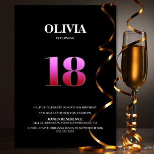 ミニマルなブラック&ピンク18th誕生日パーティー 招待状