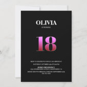 ミニマルなブラック&ピンク18th誕生日パーティー 招待状 (正面)