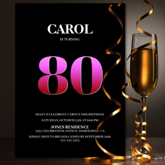 ミニマルなブラック&ピンク80th誕生日パーティー 招待状