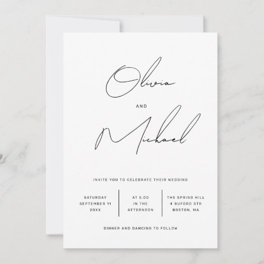 ミニマルなブラック＆ホワイトのスクリプトウェディング + QR 招待状 (正面)