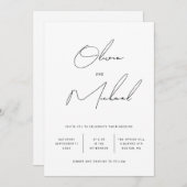 ミニマルなブラック＆ホワイトのスクリプトウェディング + QR 招待状 (正面/裏面)