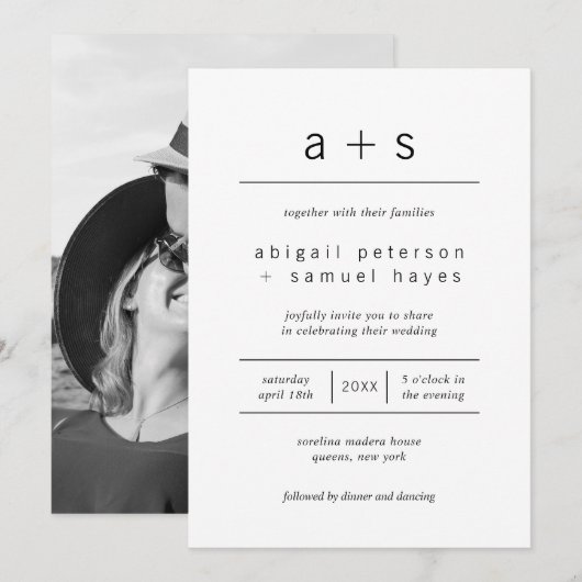 ミニマルなブラック＆ホワイトのモノグラム写真ウェディング 招待状 (正面/裏面)