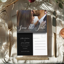 ミニマルなブラック&ホワイトの写真を使った結婚式のSave the Dateカード
