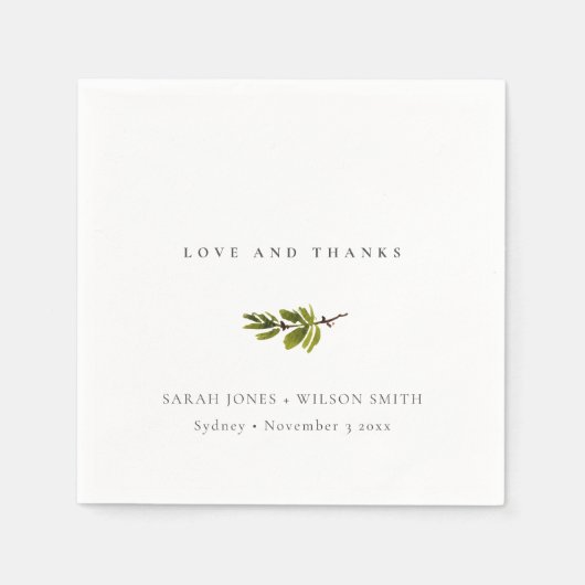 ミニマルなブラック＆ホワイトの松の枝の葉のウェディング スタンダードカクテルナプキン (正面)