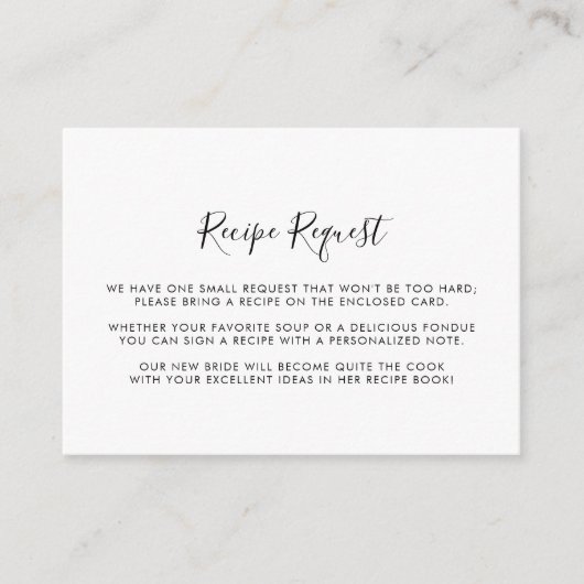ミニマルなブラック＆ホワイトの結婚式のレシピリクエスト エンクロージャーカード (正面)
