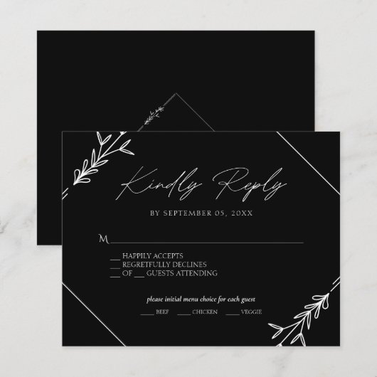 ミニマルなブラック＆ホワイトの結婚式メニュー選択返信 出欠カード (正面/裏面)