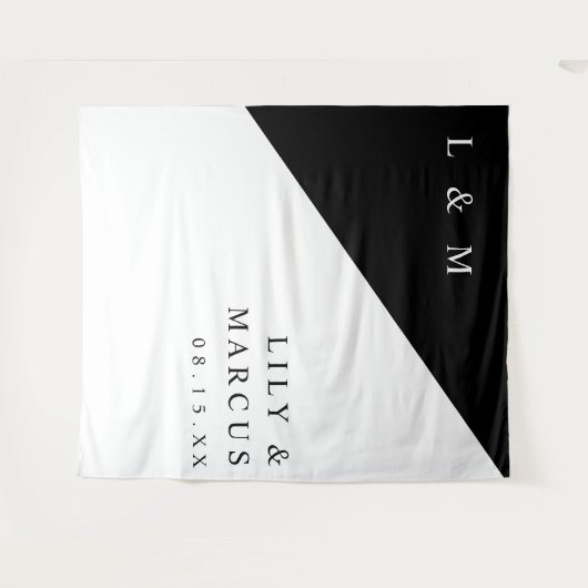 ミニマルなブラック&ホワイトの結婚式写真用背景 タペストリー (正面(横))