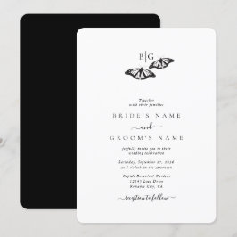 ミニマルなブラック＆ホワイトの蝶のモノグラム結婚式 招待状