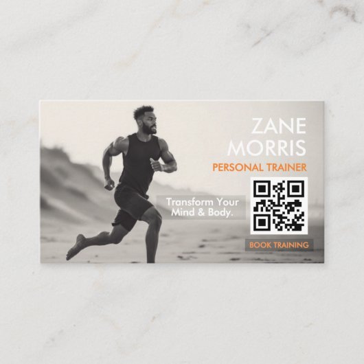 ミニマルなブラック&ホワイトフィットネストレーナーフォト 名刺 (正面)