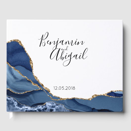 ミニマルなブルーと金ゴールドアゲート結婚ズ ゲストブック (正面)