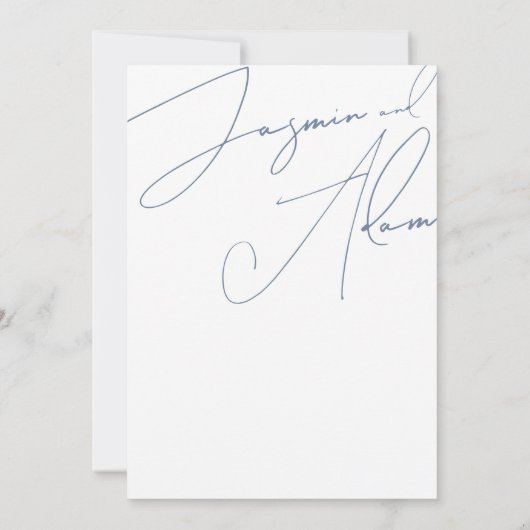 ミニマルなブルースクリプトタイポグラフィ結婚の 招待状 (裏面)