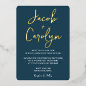 ミニマルなブルーティール（緑がかった色）と金ゴールド結婚ズ 箔招待状 (正面)