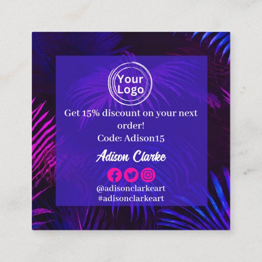 ミニマルなブルーネオンカスタムロゴありがとう スクエア名刺 (裏面)