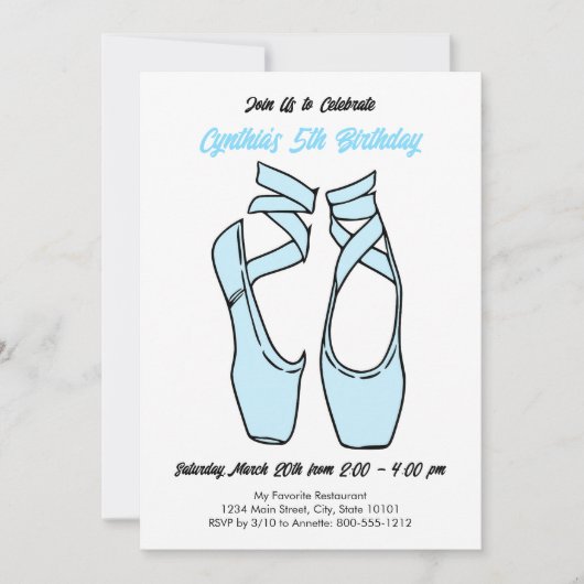 ミニマルなブルーバレエ誕生日パーティーの招待 招待状 (正面)