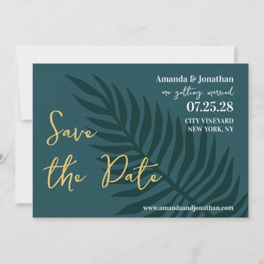 ミニマルなブルーパームリーフウェディング日付を保存 セーブザデート (正面)