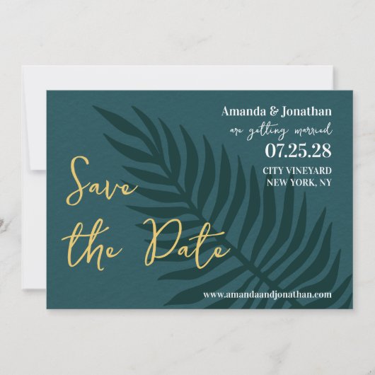 ミニマルなブルーパームリーフウェディング日付を保存 招待状 (正面)