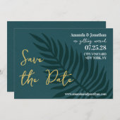 ミニマルなブルーパームリーフウェディング日付を保存 招待状 (正面/裏面)