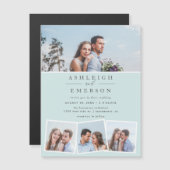 ミニマルなブルーフォトコラージュ結婚ズ マグネット招待状 (正面/裏面)