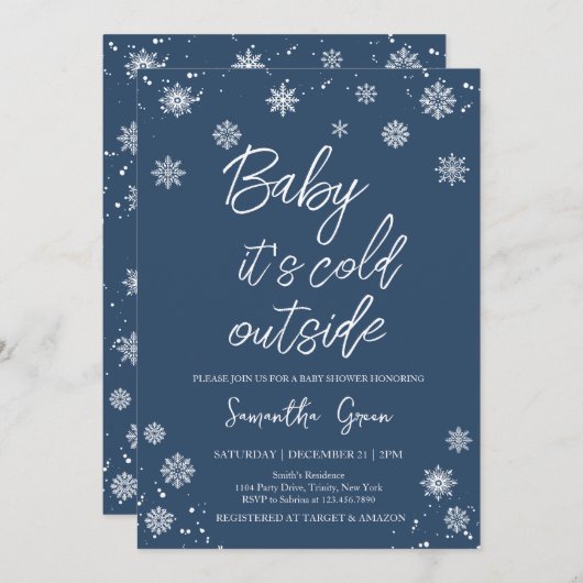 ミニマルなブルーベビーベビーシャワー外は寒い 招待状 (正面/裏面)