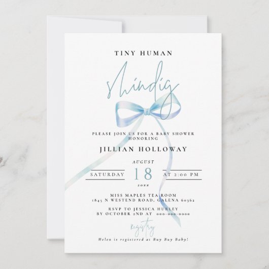 ミニマルなブルーボウ小さな人間Shindig赤ちゃんシャワー 招待状 (正面)