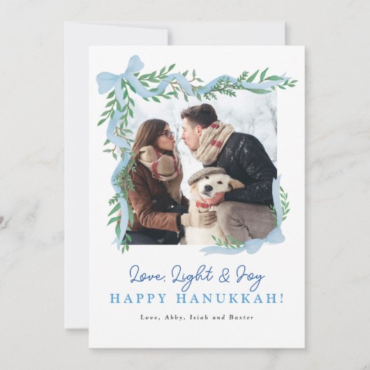 ミニマルなブルーボウ緑ハヌカー写真カード シーズンカード (正面)