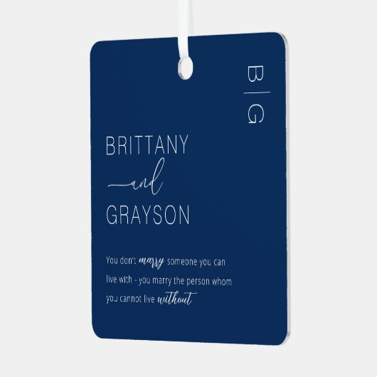 ミニマルなブルー結婚したフォトクリスマス メタルオーナメント (正面左)