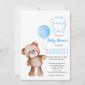 ミニマルなブルー「待つぞ！」 赤ちゃんシャワー 招待状 (正面)