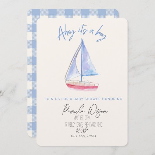 ミニマルなベイビーボーイのベイビーシャワー 招待状 (正面/裏面)