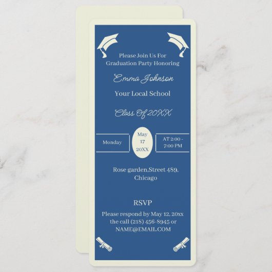 ミニマルなベージュとブルーのパーソナライズされた卒業 招待状 (正面/裏面)