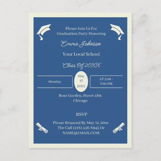 ミニマルなベージュとブルーカスタムの卒業 案内ポストカード (正面)