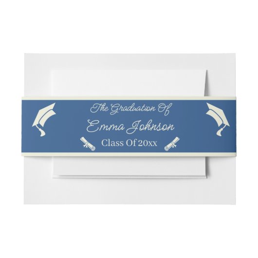 ミニマルなベージュとブルーパーソナライズされた卒業 招待状ベリーバンド (正面例)