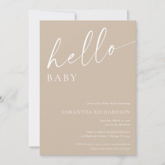 ミニマルなベージュのハローベビー男女兼用シャワー 招待状 (正面)