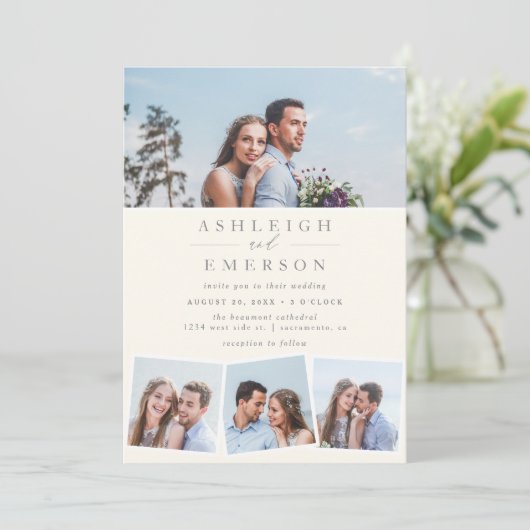 ミニマルなベージュの写真結婚コラージュ 招待状 (スタンド正面)