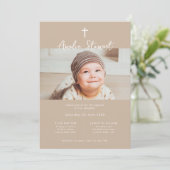 ミニマルなベージュクリーム写真バプテスマ《キリスト教》洗礼式や命名式 招待状 (スタンド正面)