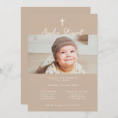 ミニマルなベージュクリーム写真バプテスマ《キリスト教》洗礼式や命名式 招待状 (正面/裏面)