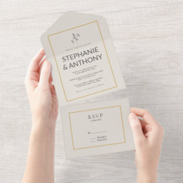 ミニマルなベージュモノグラム結婚ワイルドフラワー オールインワン招待状