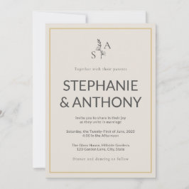 ミニマルなベージュモノグラム結婚ワイルドフラワー 招待状