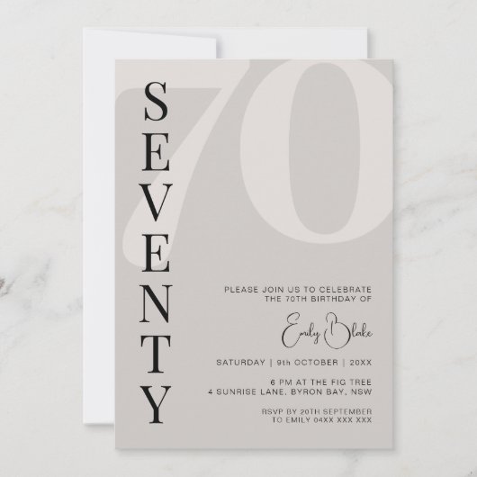 ミニマルなベージュ70歳の誕生日パーティー 招待状 (正面)