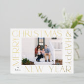 ミニマルなホワイトのクリスマスと新年の写真カード 箔シーズンカード (立ち正面)
