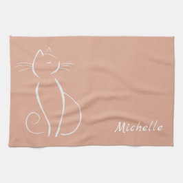 ミニマルなホワイトキャットオンピンクの名前 キッチンタオル
