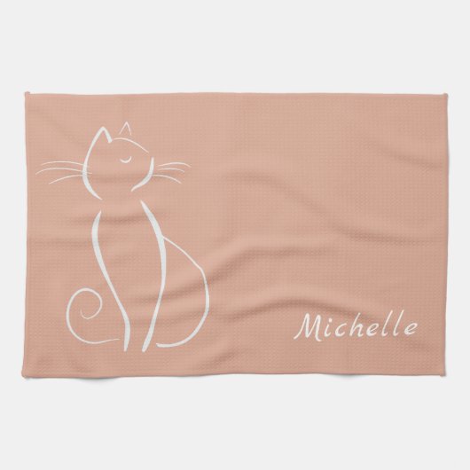 ミニマルなホワイトキャットオンピンクの名前 キッチンタオル (横)