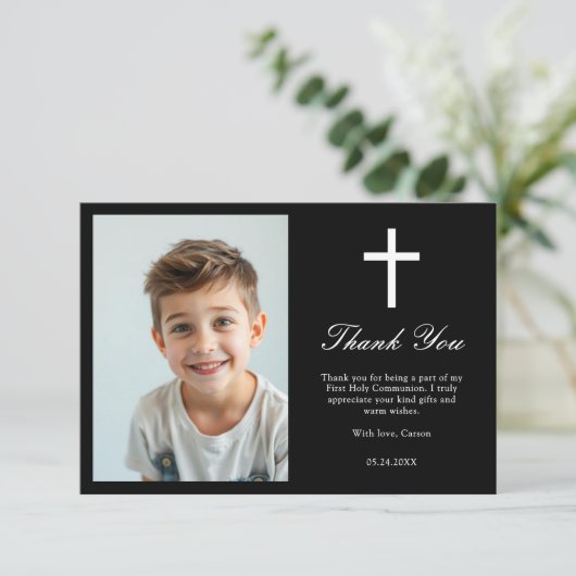 ミニマルなホワイトクロスボーイズ第一聖体写真 サンキューカード (スタンド正面)