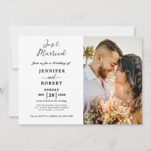 ミニマルなホワイトブラックフォトウェディングレセプション 招待状 (正面)